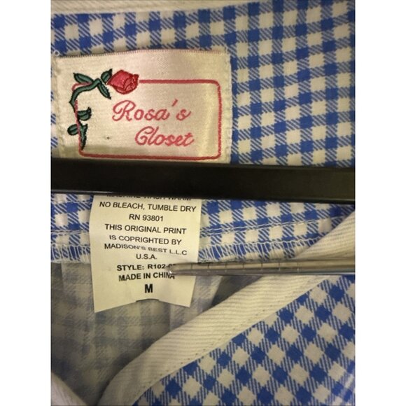 Vintage Blue Checked House Coat Size MEDIUM Front Snaps Pockets Rosa Closet - Picture 3 of 12